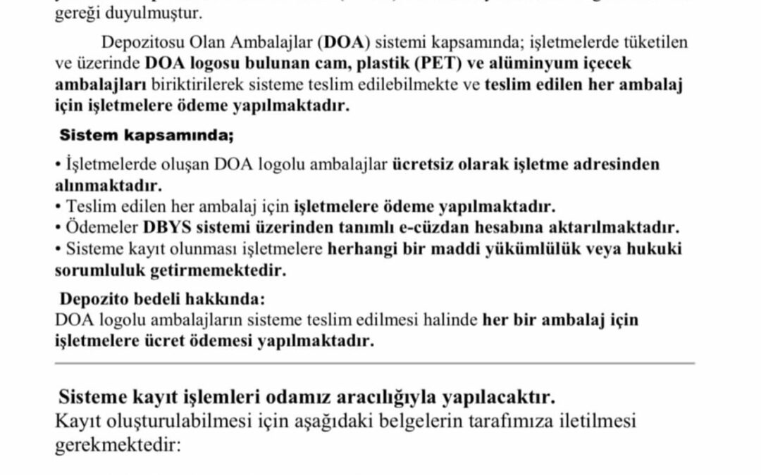DEPOZİTOLU AMBALAJ SİSTEMİ (DOA) HAKKINDA BİLGİLENDİRME